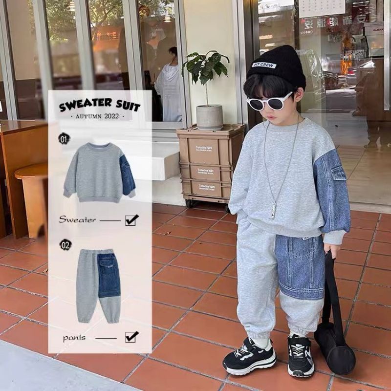Bộ nỉ da cá phối quần jean cá tính cho bé trai Set bộ dài tay mặc thu đông chất vải lacoste từ 1 2 3 4 5 6 tuổi