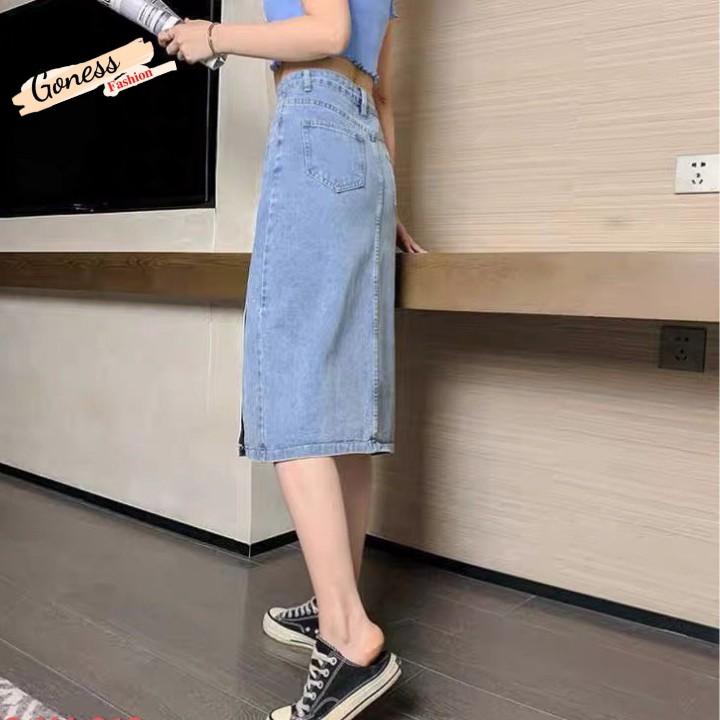 Chân váy Jean denim Goness thiết kế midi dài xẻ tà lưng cao dáng chữ A cạp cao thời trang | BigBuy360 - bigbuy360.vn