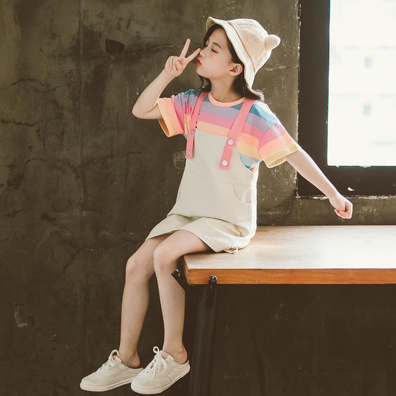 Set Đồ Mùa Hè 2 Món Gồm Áo Thun Tay Cộc + Đầm Trơn Dễ Thương Cho Bé Gái 3-12 Tuổi