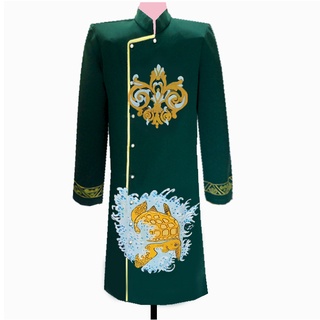 ÁO DÀI CÁCH TÂN NAM MÀU XANH RÊU ĐẬM VẼ LINH QUY( tặng kèm khẩu trang vải cùng loại)