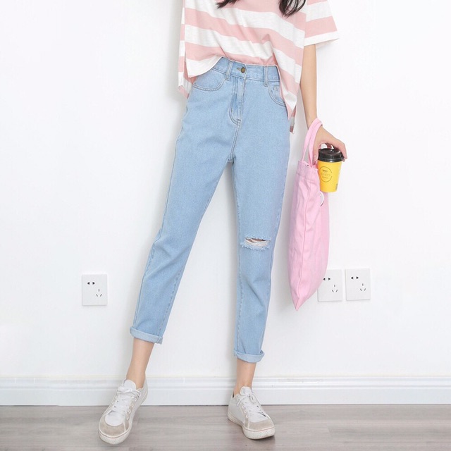 [Size 55-93kg] Quần Baggy Cotton Rách 1 Gối, Lưng Cao Trên Rốn Tôn Dáng