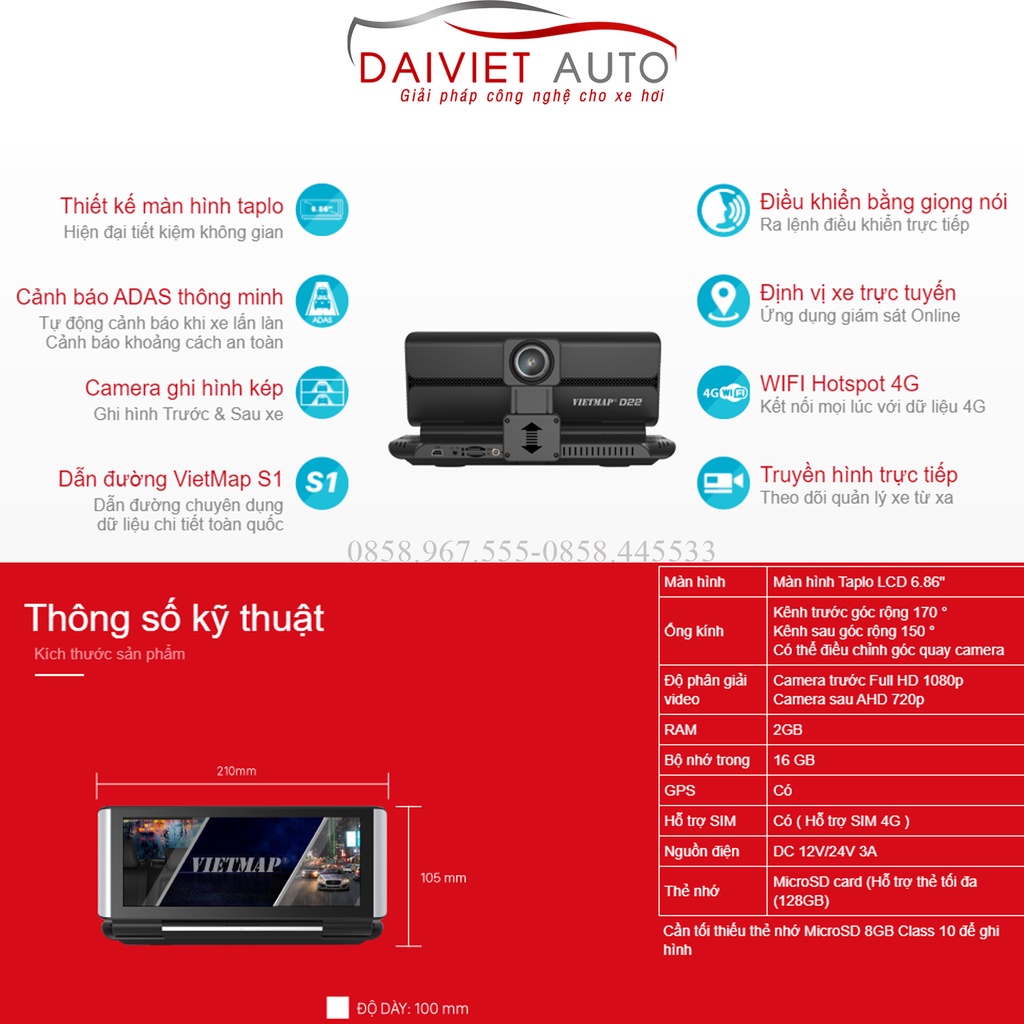 VIETMAP D22 Camera hành trình Android-Định Vị Xe- Dẫn Đường S1-Phát Wifi-Truyền Video Online-Ghi Hình Kép ĐẠI VIỆT AUTO