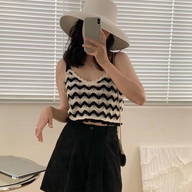 Áo Croptop Dệt Kim Không Tay Cổ Chữ V Ôm Dáng Họa Tiết Kẻ Sọc Phong Cách Pháp Thời Trang Mùa Hè Cho Nữ