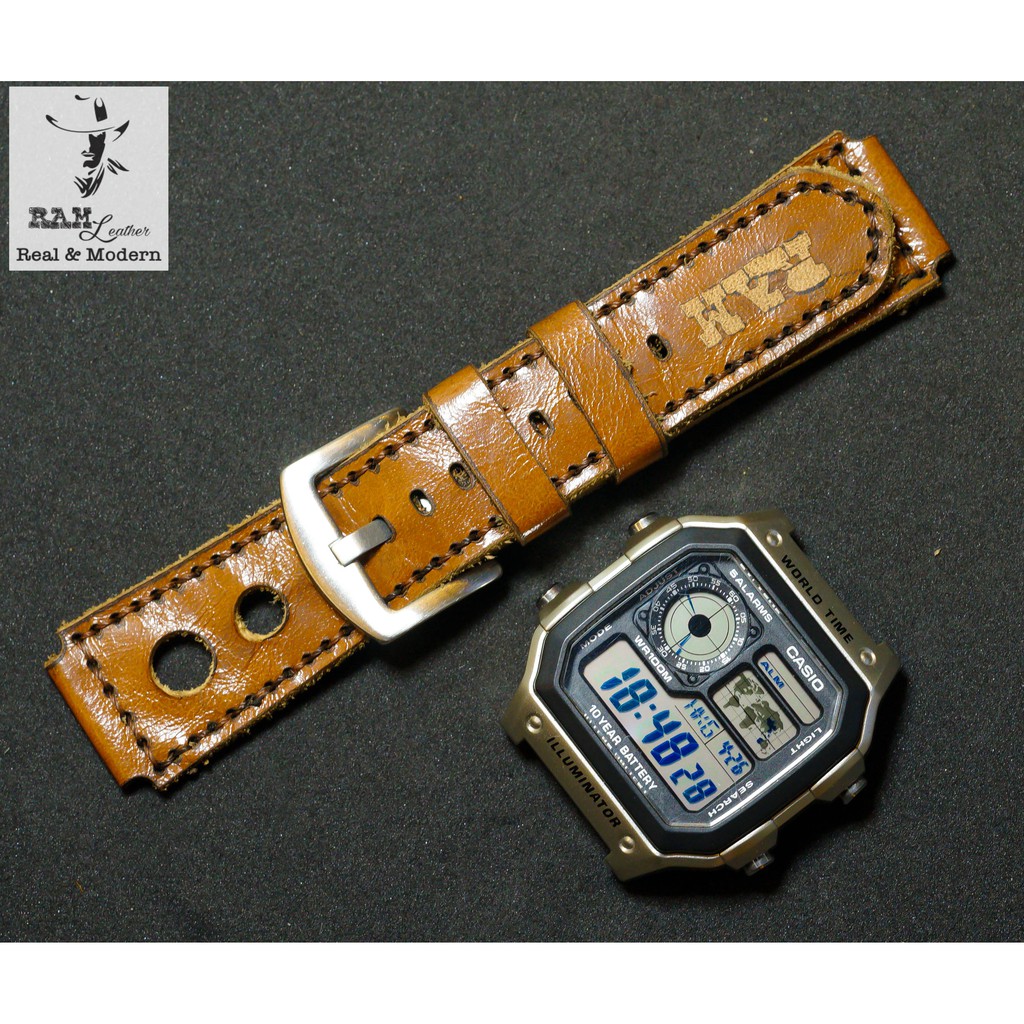 Dây Casio AE 1200 da bò nâu đỏ RAM Leather D3 - tặng khóa chốt và cây thay dây