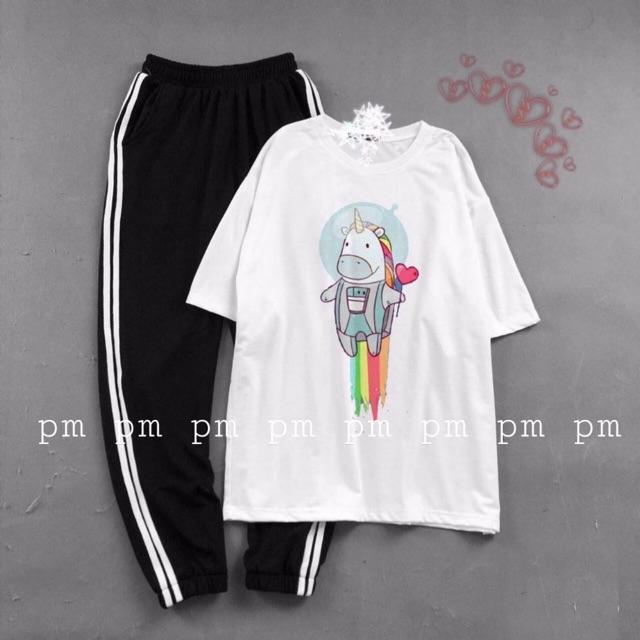 Sét áo ngựa bay cầm tim + quần bo gấu áo thun nam nữ, quần kaki, sét bộ mặc ở nhà MODY