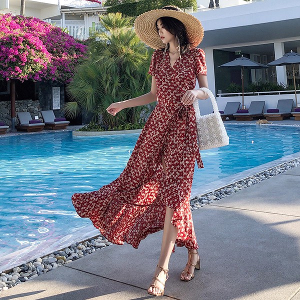 Đầm Maxi chất Chiffon tay ngắn hoạ tiết in thiết kế đáng yêu cho phái nữ