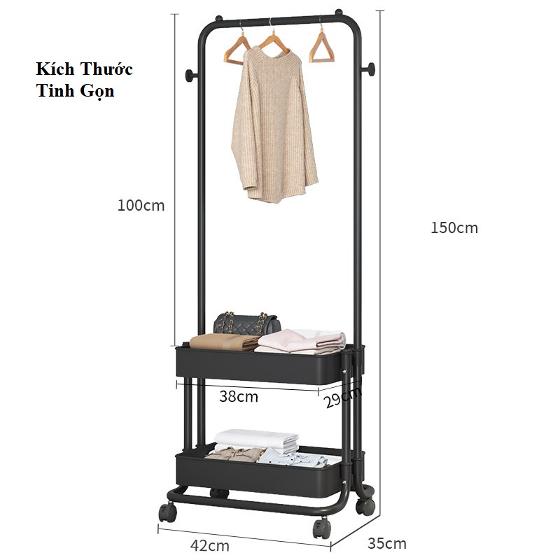 Giá Treo Quần Áo 2 Tầng Có Bánh Xe, Kệ Treo Quần Áo Dùng Cho Phòng Ngủ, Phòng Khách, Livetream, Spa