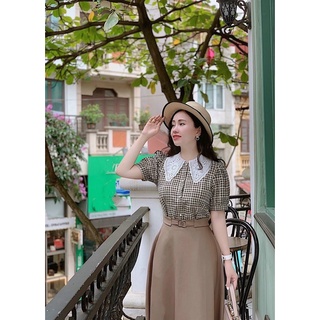 Áo kẻ caro cổ sen