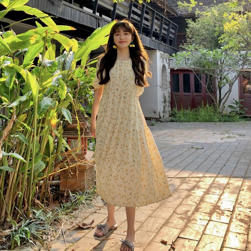 Váy babydoll hoa tầng cổ tròn tay ngắn ulzzang - Đầm hoa nhí tầng tay ngắn