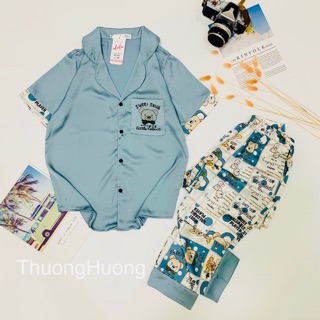 Pyjama Lụa Áo Cộc Quần Dài Hoạ Tiết Dễ Thươngo