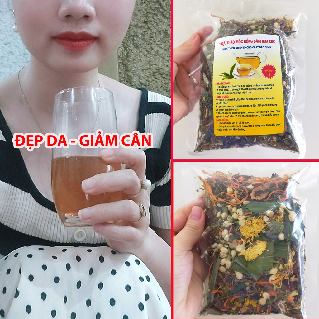 Trà thảo mộc hồng sâm hoa cúc, hoa hồng, nụ hoa lài, cam thảo, lá trúc diệp, cỏ ngọt, táo lát, đông trùng hạ thảo