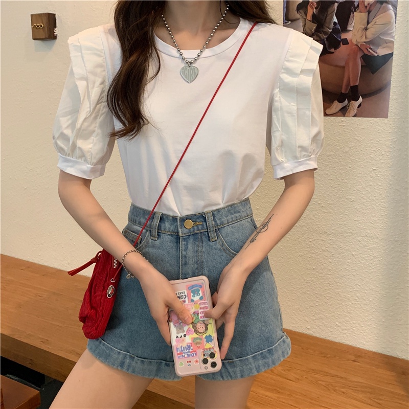 Áo Thun Tay Ngắn Cổ Tròn Phối Bèo Nhún Đơn Giản Phong Cách Hàn Quốc