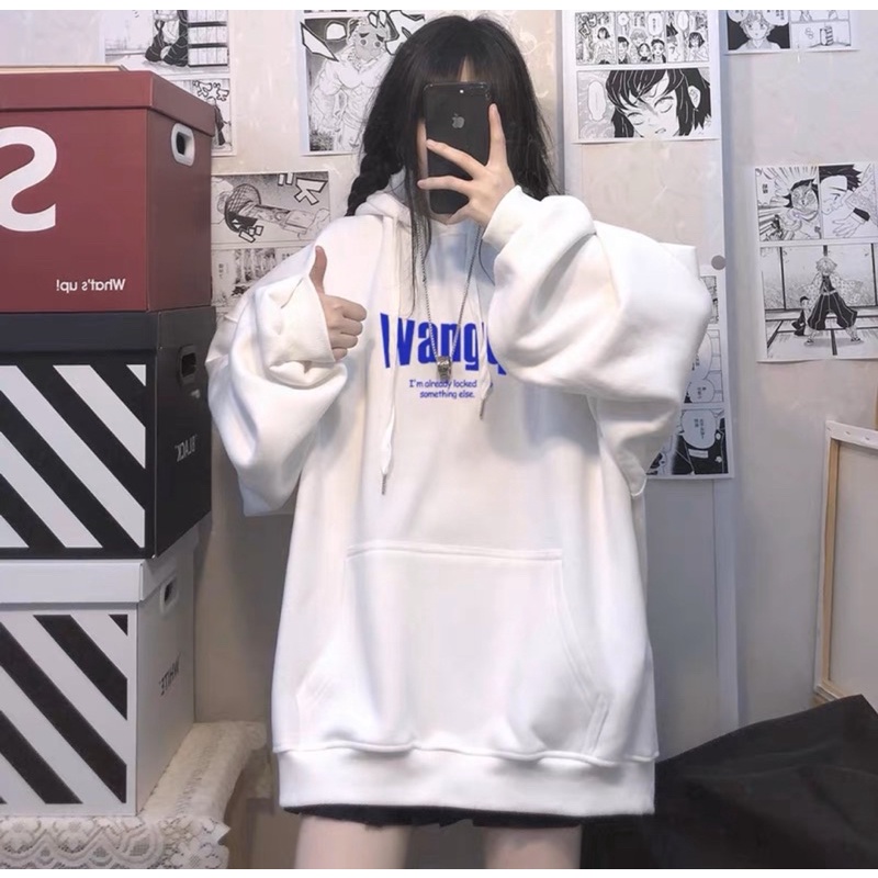 Áo Hoodie Nỉ Bông Tay Dài Chữ Wangqq Kèm Clip Thật