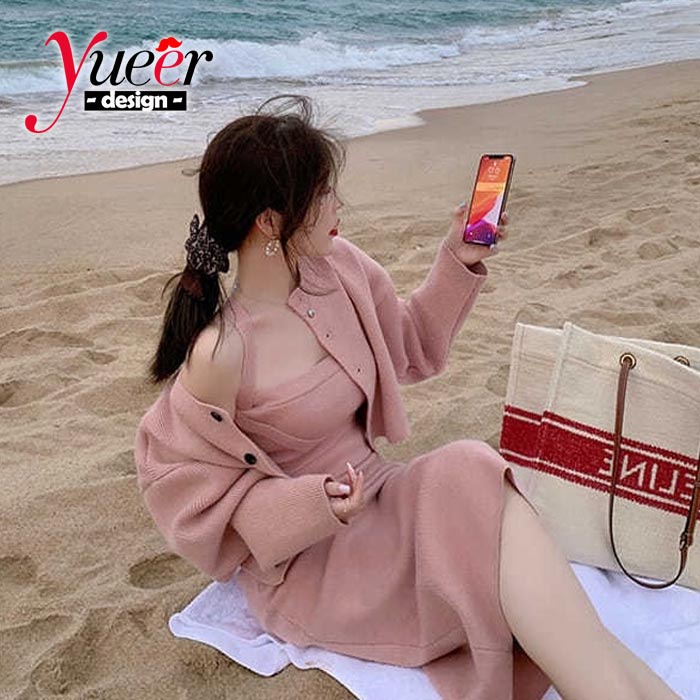 Đầm Dệt Kim Thời Trang Hàn Quốc Xinh Xắn💕💕Bộ Áo Dệt Kim + Chân Váy Xẻ Tà Phong Cách Hàn Quốc Thời Trang Mùa Thu Cho Nữ