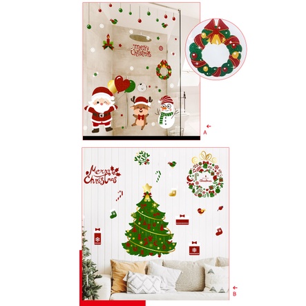 Decal dán tường Noel - Ông già noel cầm bóng tim đỏ bên cây thông xanh