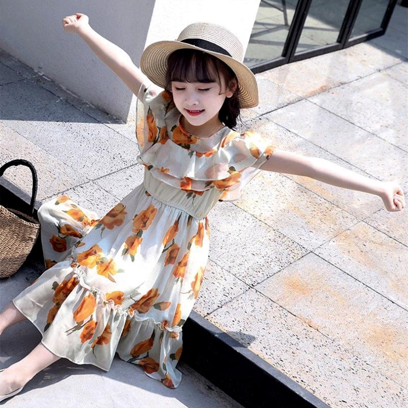 Đầm Chiffon Sát Nách In Hoa Cho Bé Gái