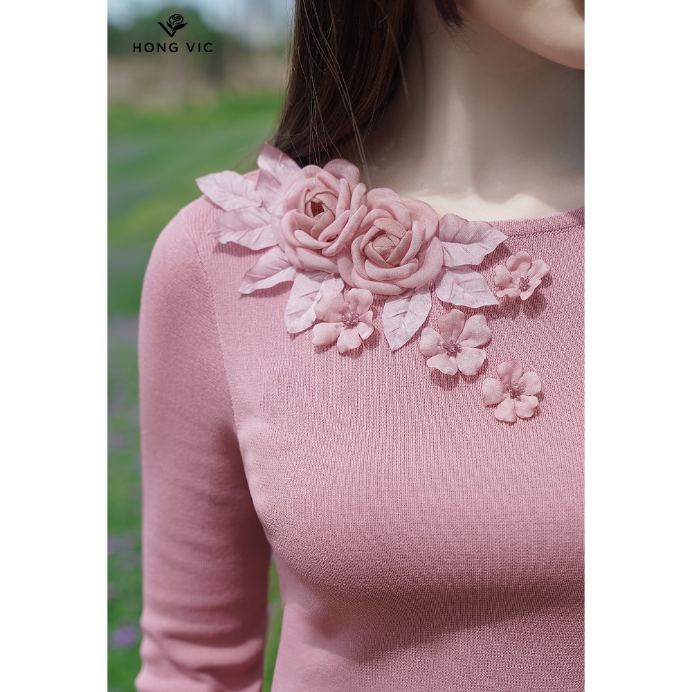 Áo kiểu nữ thiết kế Hongvic len hồng đỗ xẻ tà AL16