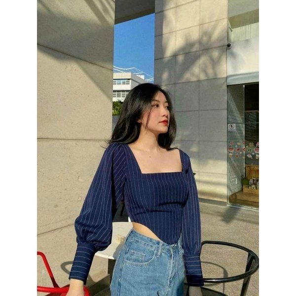 Áo croptop cổ vuông xanh Navy tôn eo đẹp mê li