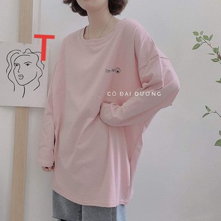  Áo thun nữ dài tay dáng xuông fom rộng chữ nhỏ I'm Fine mặt cười