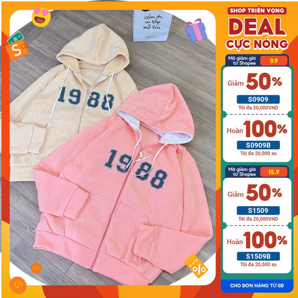 ÁO KHOÁC HOODIE NỮ BÉBÔNG STORE DÂY KÉO XỊN XÒ PHỐI NÓN RỘNG TAY BO THUN 1988 ĐƠN GIẢN TINH TẾ SIÊU ĐẸP.