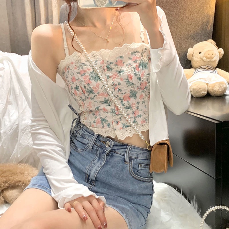 Áo Cardigan Hai Dây Họa Tiết Hoa Màu Trắng Nhỏ Hàng Mới Thời Trang Mùa Hè Cho Nữ