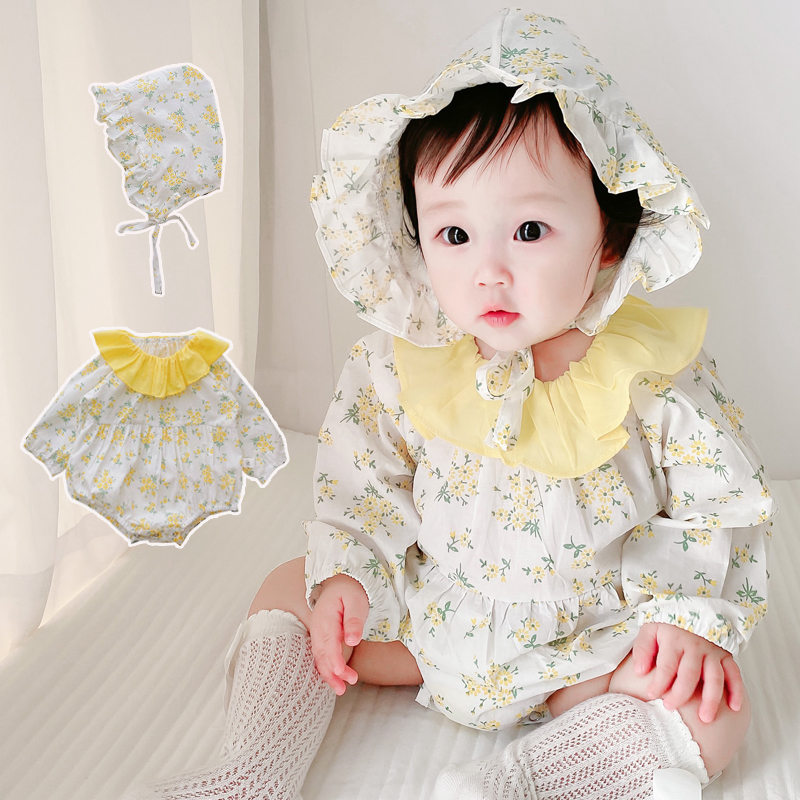 Bộ Quần Yếm + Mũ In Hoa Xinh Vui Nhộn Dành Cho Bé Gái