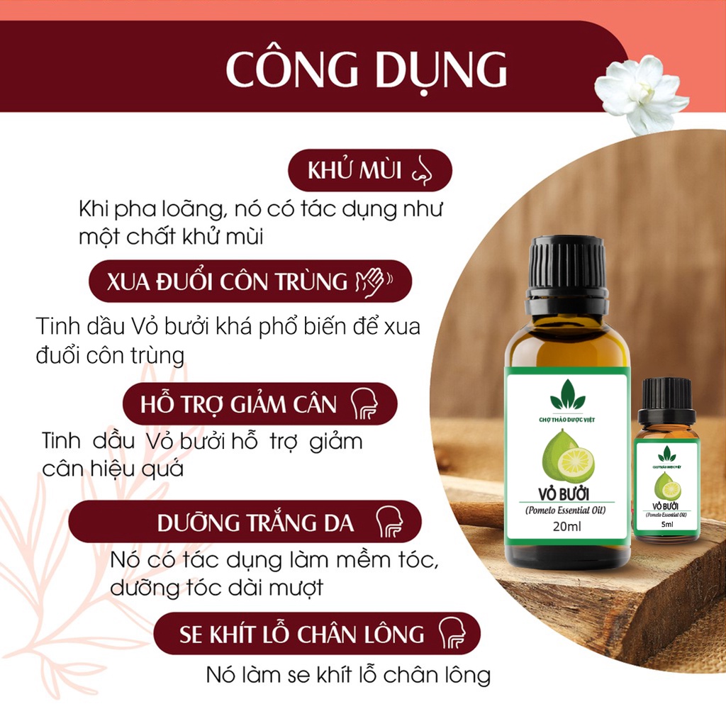 Tinh dầu Bưởi nguyên chất 20ml, dưỡng tóc, kích thích mọc tóc, khử mùi, diệt khuẩn - Chợ Thảo Dược Việt