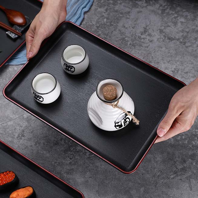 Khay bê đồ chống trượt phong cách Hàn Quốc màu đen vân gỗ viền đỏ