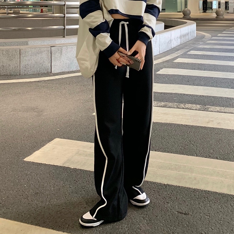 Quần thể thao ống rộng lưng thun co giãn phong cách Hàn Quốc cổ điển sành điệu cho nữ