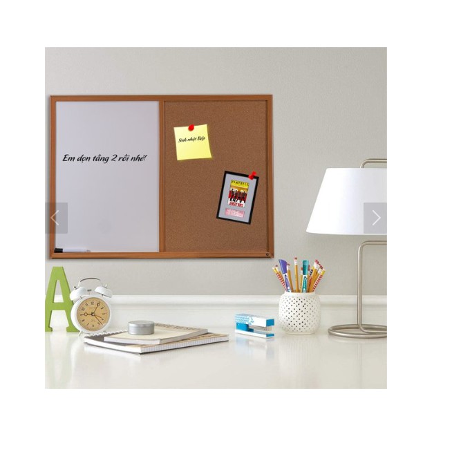 Bảng viết bút lông & ghim bần KT 60x90cm - COMBO GHIM LIE - MELAMINE TRẮNG KHUNG GỖ