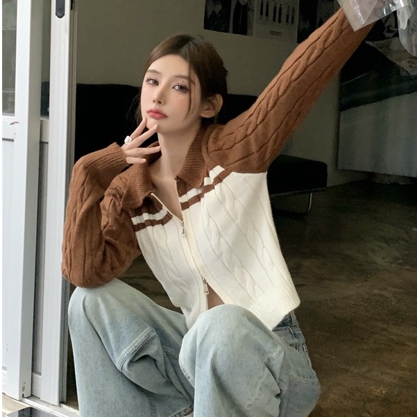 QKOOLE  Áo Croptop Dệt Kim Tay Dài Phối Khoá Kéo Phong Cách Hàn Quốc