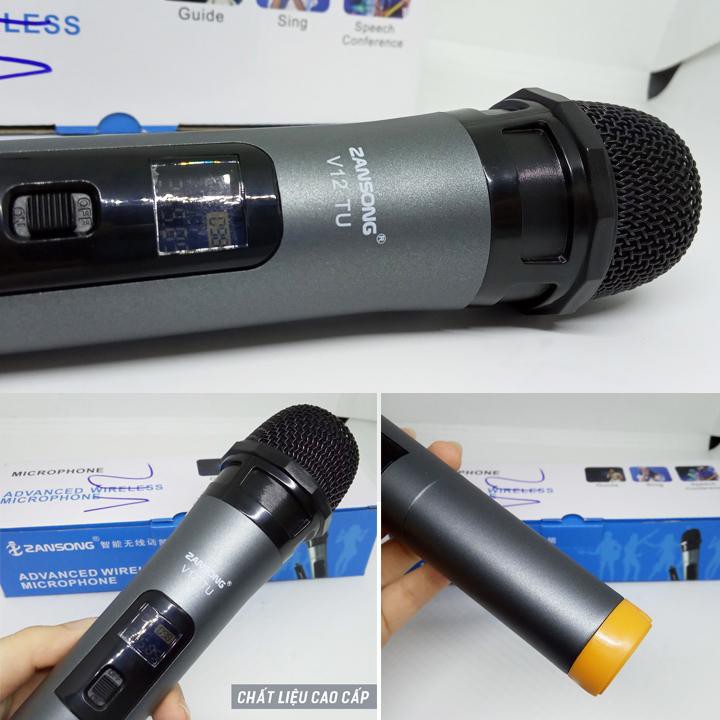 Mic V-12 đa năng. sử dụng cho tất cả các loại loa hoặc sub có cổng cắm míc 6.5 và 3.5mm, nguồn USB, pin AA