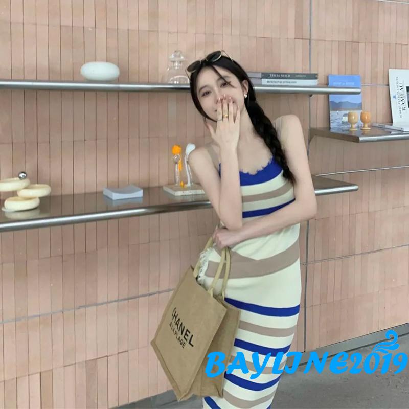 Đầm Dài Dệt Kim Không Tay In Họa Tiết Sọc Viền Raw Thời Trang Mùa Hè Dành Cho Bạn Nữ