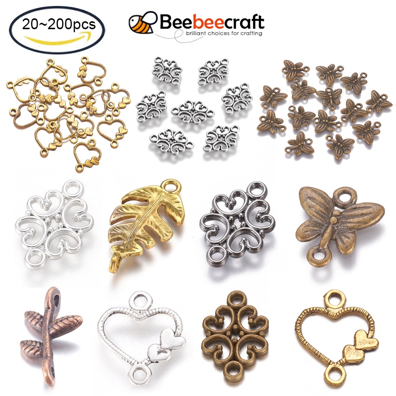 Beebeecraft Set 10~100 Đầu Nối Trang Sức Bằng Hợp Kim 18x13mm Hình Hoa / Trái Tim / Bướm / Lá