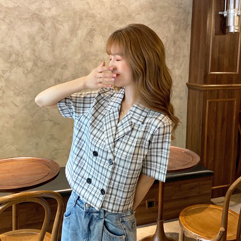 Áo Khoác Blazer Tay Ngắn Họa Tiết Sọc Caro Phong Cách Hàn Quốc