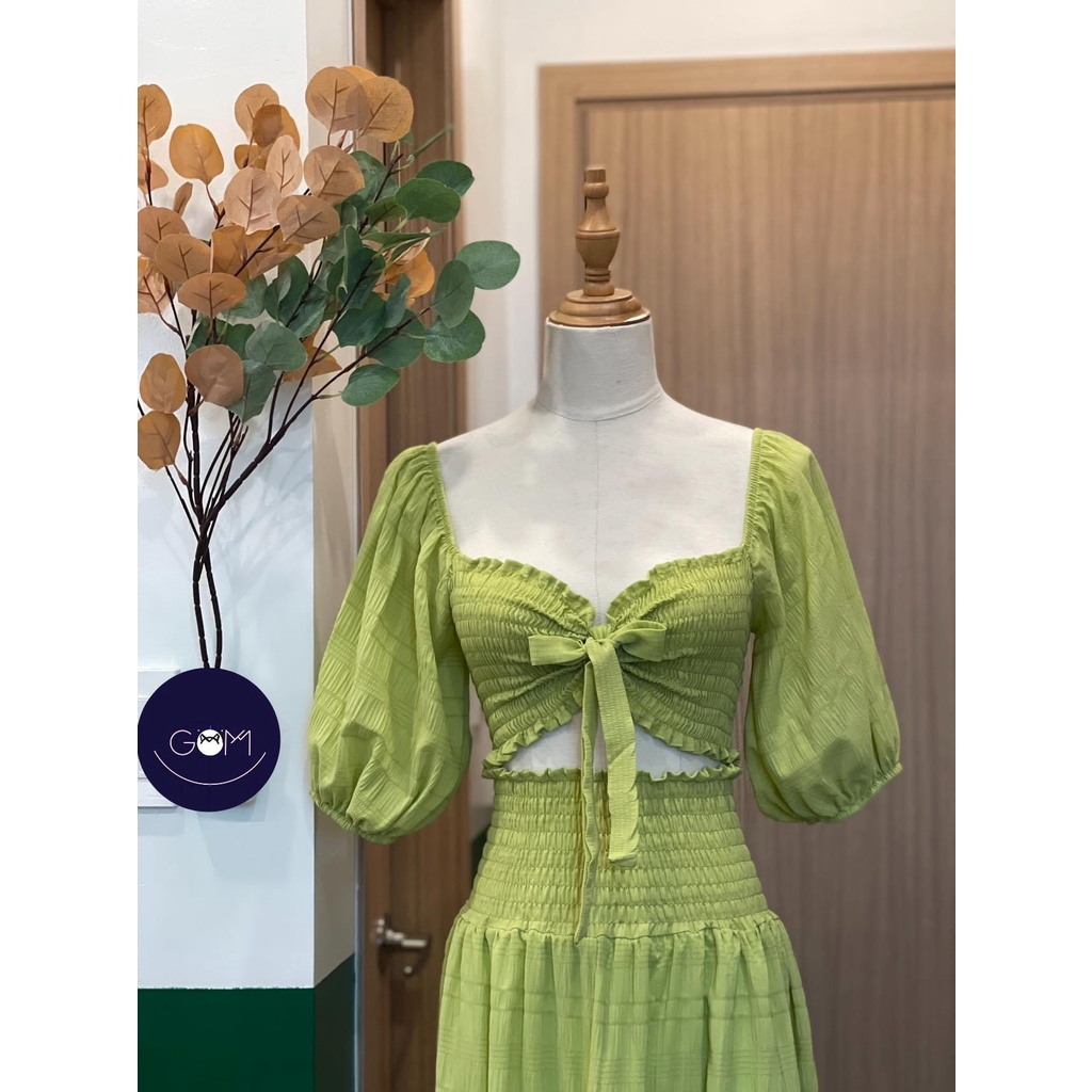 Đầm váy maxi xanh bơ xanh cốm đi biển đũi áo nhún xoè tay phồng set áo croptop tay bồng chân váy dài đi chơi đi biển