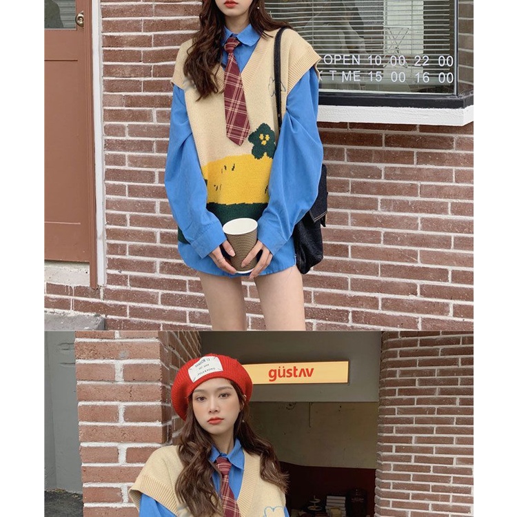 Set áo len không tay và áo sơ mi tay dài thời trang dành cho nữ