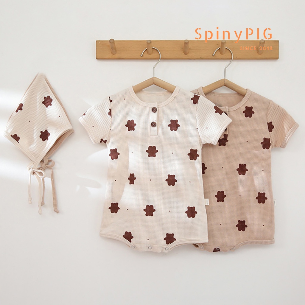 Bộ body cho bé 0-2 tuổi kèm mũ style Hàn Quốc dệt kim hoạ tiết gấu cộc tay dành cho hè thu