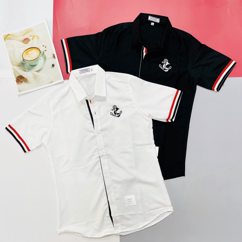 Áo Sơ Mi Nam Tay Ngắn Phối Sọc Thêu Hình Mũi Tên HÌNH THẬT, CÓ VIDEO