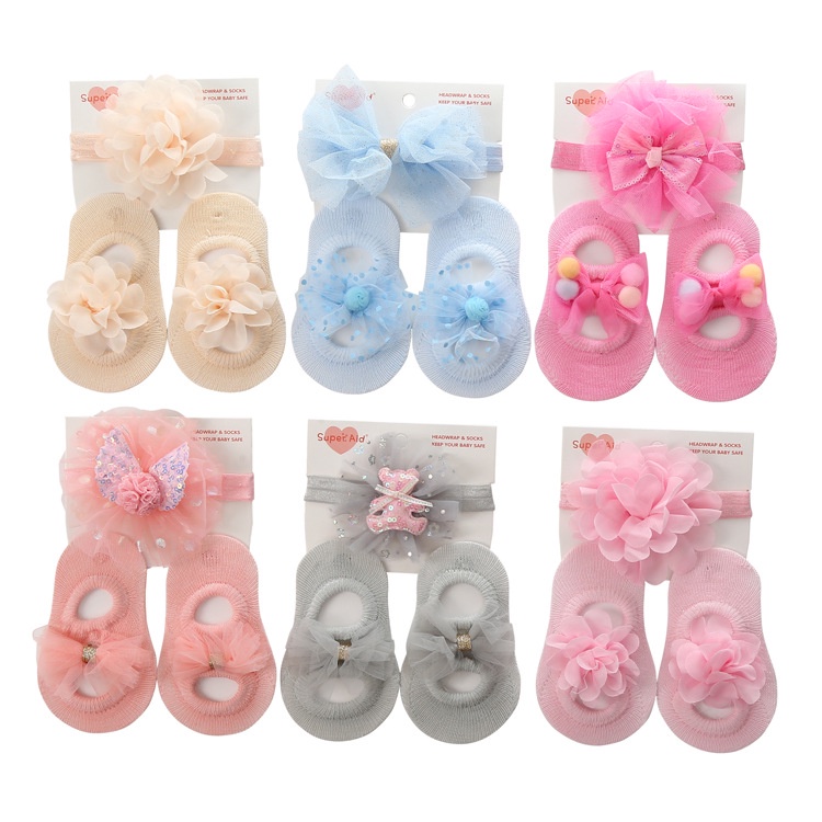 Vớ Bé Gái Sơ Sinh Từ 0-1 Tuổi Màu Sắc Kẹo Ngọt + Băng Đô Nơ