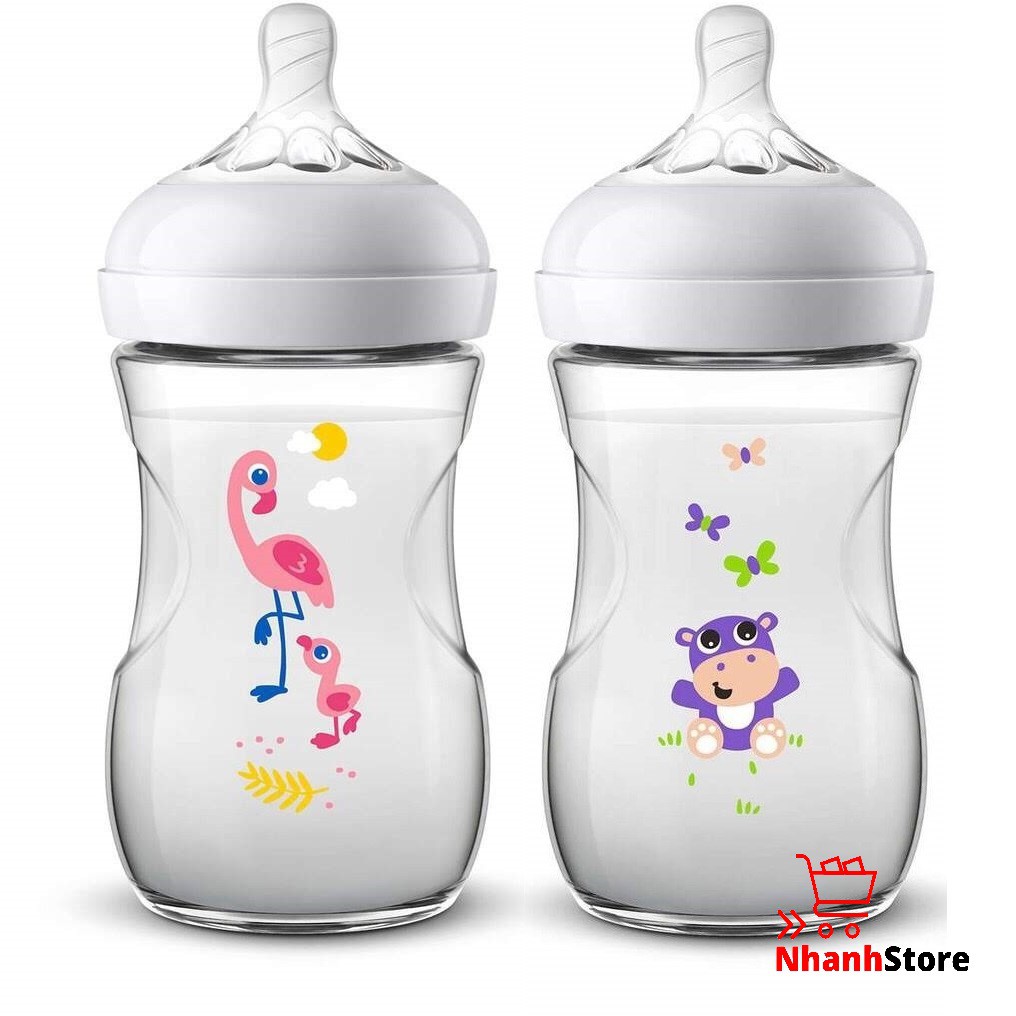 Bình sữa Avent Nautural 260ml Họa tiết Hà mã, Hạc hồng