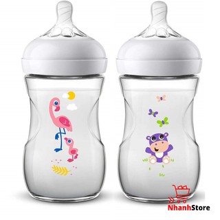 [Chọn Núm] Bình sữa Avent Nautural 260ml Họa tiết Hà mã, Hạc hồng [Núm số 2, 1m+]
