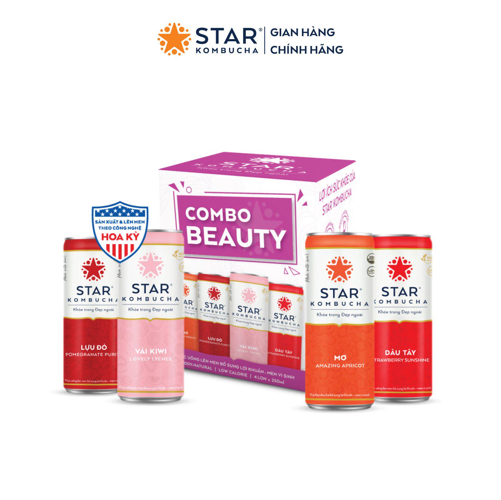 Combo 4 lon trà STAR KOMBUCHA mix vị - Beauty Pack (250ml/lon) - Trà lên men vi sinh chứa probiotics bảo vệ sức khoẻ