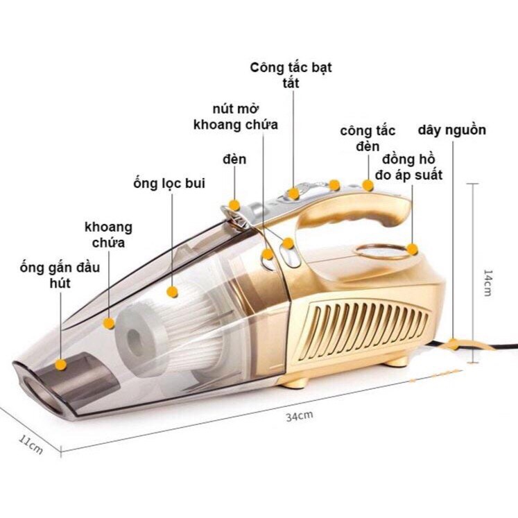 Máy Hút Bụi ô tô 4 in 1 Bơm Lốp, Đo Áp Suất Và Đèn Pin Siêu Sáng (Đa Chức Năng)