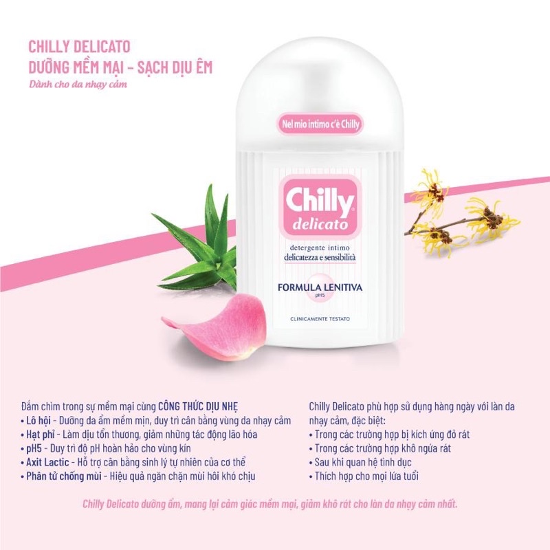 Dung dịch vệ sinh phụ nữ Chilly Delicato - Dưỡng mềm mại, sạch dịu êm -  số 1 tại Italy - (200ml/chai)