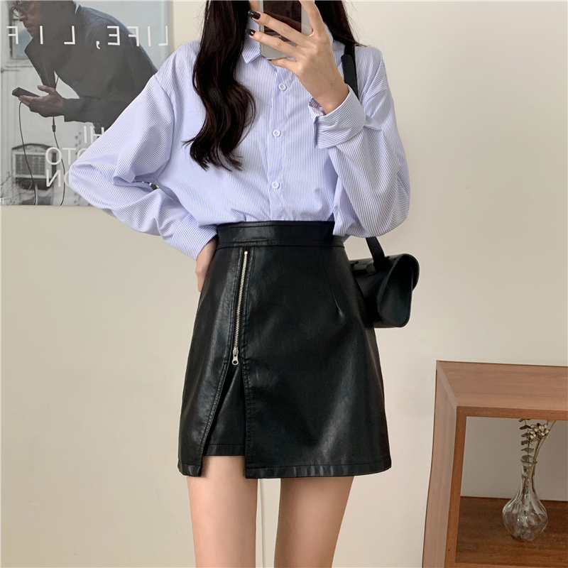 Chân Váy Da Pu Lưng Cao Phối Khóa Kéo Phong Cách Hàn Quốc | BigBuy360 - bigbuy360.vn