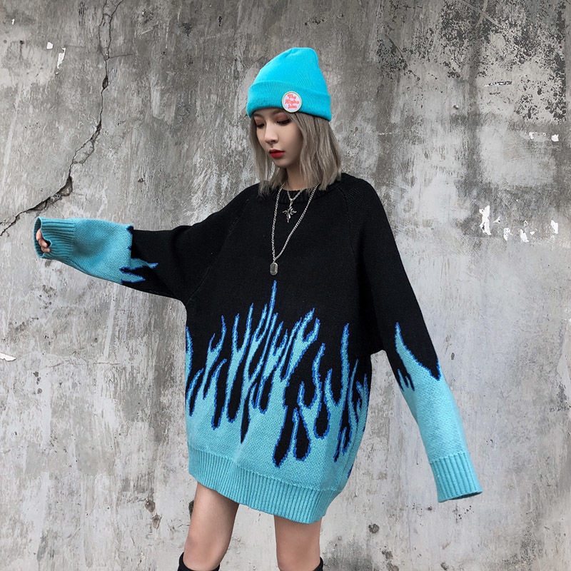 Áo len dệt kim dáng rộng màu đen họa tiết ngọn lửa phong cách Harajuku Hàn Quốc cho cặp đôi