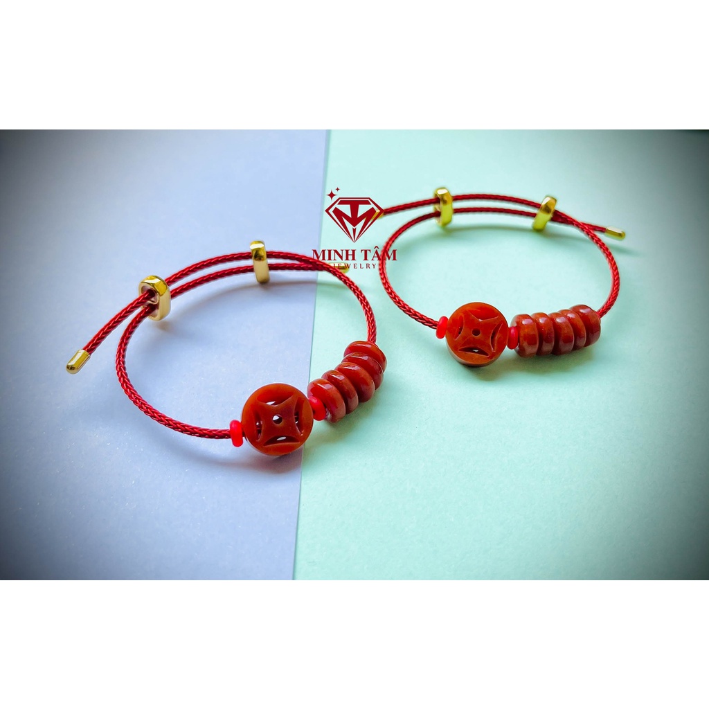 Vòng tay đồn xu tài lộc ngũ điếu Ngọc huyết mix dây cáp kim loại-Minh Tâm Jewelry