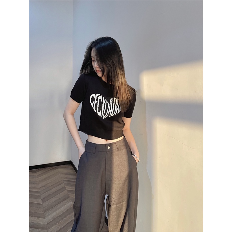 Áo Thun Dệt Kim Dáng Ôm In Chữ Phong Cách Hàn Quốc Thời Trang