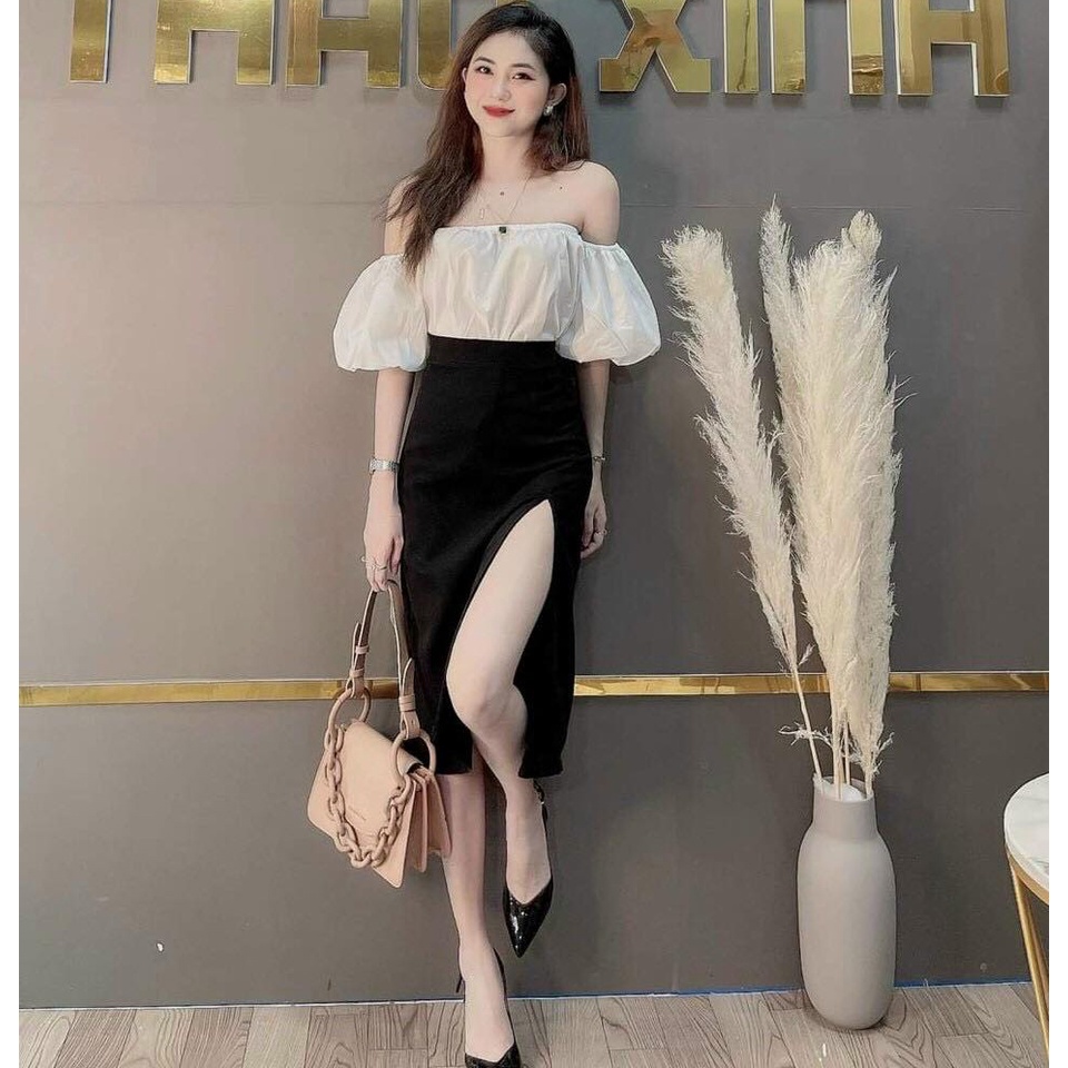 Sét Đồ Bộ Thời Trang Thiết Kế Sang Chảnh Nữ Áo Chất Lụa Tay Phồng Trễ Vai & Chân Váy Chất UMI Lửng Xẻ Tà